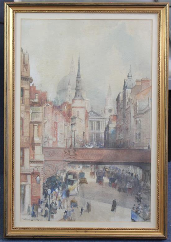 L. Sampson (19th C.) London street scene looking towards to St Pauls, 25.5 x 16.5in.